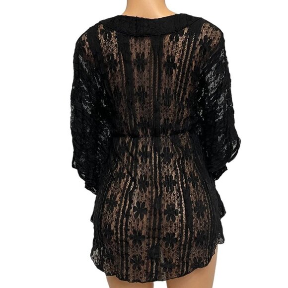 Solitaire Women's Black Sheath Blouse Knit V Neck Butterfly Sleeves Stretch - Picture 4 of 10